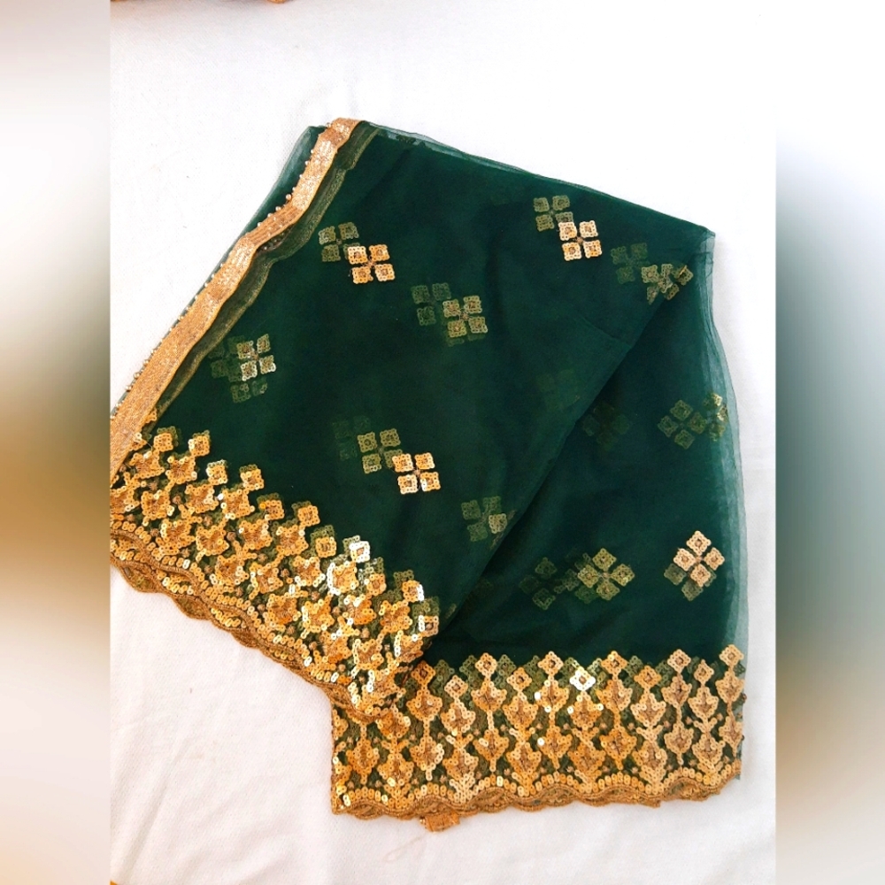 Dark Green Net Sequence Dupatta/ Veil/ Scarf/ Wit… - image 1